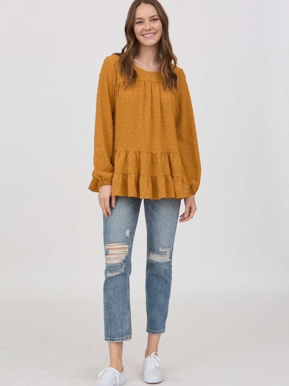 Tea N Rose Dark Mustard Textured Swiss Dot Tiered Long-Sleeve Top - Picture 5 of 5